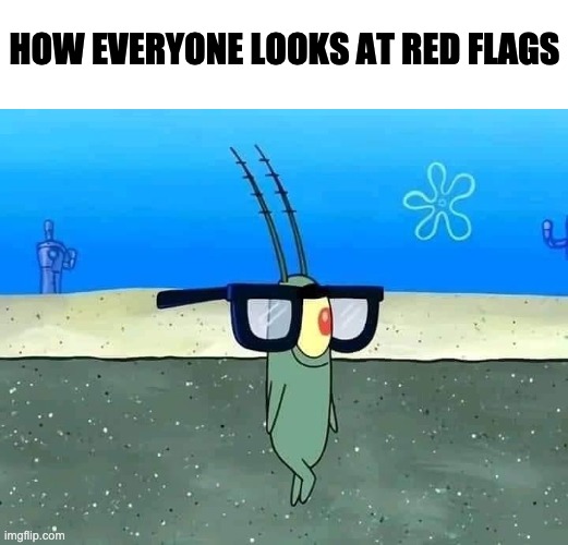 red flags | HOW EVERYONE LOOKS AT RED FLAGS | image tagged in red flags,glasses,plankton | made w/ Imgflip meme maker