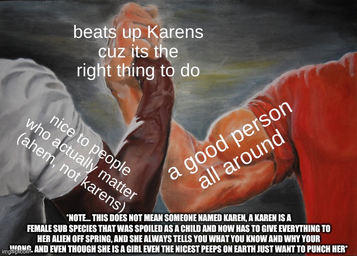 Epic Handshake Meme | beats up Karens cuz its the right thing to do; a good person all around; nice to people who actually matter (ahem, not karens); *NOTE... THIS DOES NOT MEAN SOMEONE NAMED KAREN, A KAREN IS A FEMALE SUB SPECIES THAT WAS SPOILED AS A CHILD AND NOW HAS TO GIVE EVERYTHING TO HER ALIEN OFF SPRING, AND SHE ALWAYS TELLS YOU WHAT YOU KNOW AND WHY YOUR WONG. AND EVEN THOUGH SHE IS A GIRL EVEN THE NICEST PEEPS ON EARTH JUST WANT TO PUNCH HER* | image tagged in memes,epic handshake | made w/ Imgflip meme maker