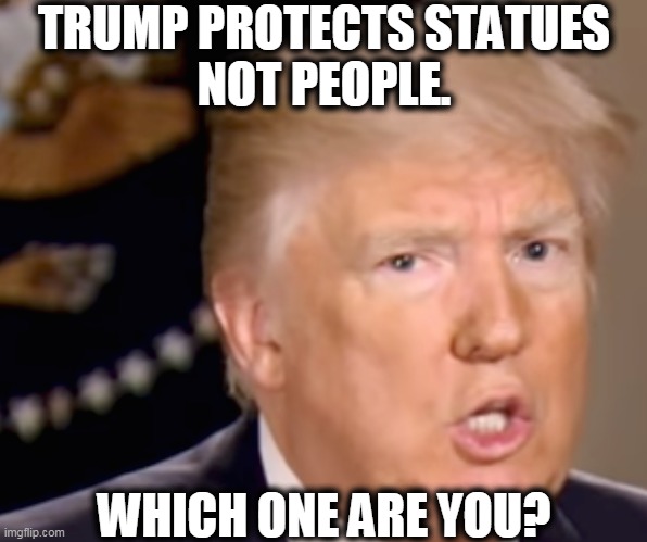 TRUMP PROTECTS STATUES
NOT PEOPLE. WHICH ONE ARE YOU? | image tagged in trump,statues,people | made w/ Imgflip meme maker