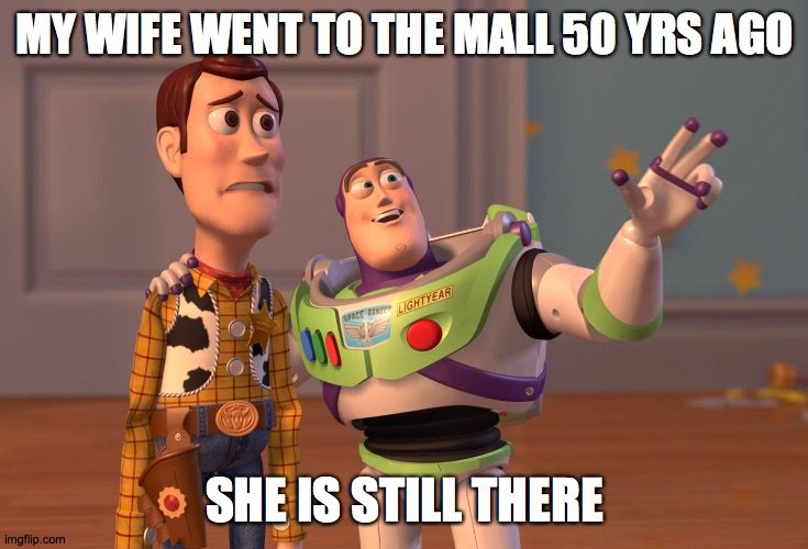 X, X Everywhere Meme | MY WIFE WENT TO THE MALL 50 YRS AGO; SHE IS STILL THERE | image tagged in memes,x x everywhere | made w/ Imgflip meme maker
