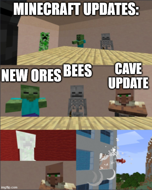 Minecraft boardroom meeting | MINECRAFT UPDATES:; BEES; CAVE UPDATE; NEW ORES | image tagged in minecraft boardroom meeting | made w/ Imgflip meme maker