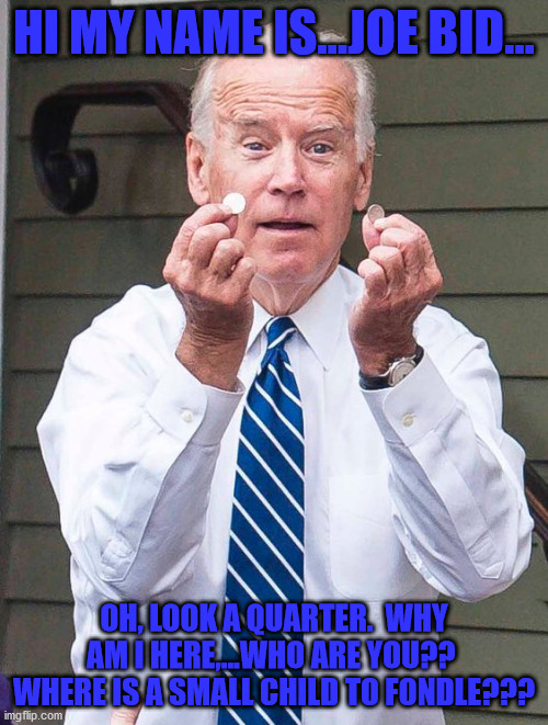Joe Biden Quarter | HI MY NAME IS...JOE BID... OH, LOOK A QUARTER.  WHY AM I HERE,...WHO ARE YOU??  WHERE IS A SMALL CHILD TO FONDLE??? | image tagged in joe biden quarter | made w/ Imgflip meme maker