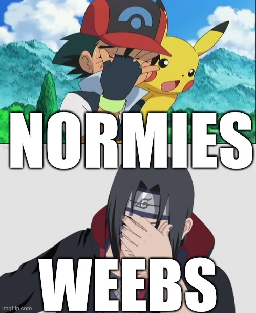 Itachi is way better | NORMIES; WEEBS | image tagged in itachi facepalm,ash ketchum facepalm,facepalm,face palm,funny because it's true | made w/ Imgflip meme maker