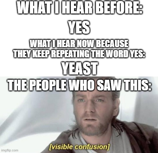 What I hear now | WHAT I HEAR BEFORE:; YES; WHAT I HEAR NOW BECAUSE THEY KEEP REPEATING THE WORD YES:; YEAST; THE PEOPLE WHO SAW THIS: | image tagged in visible confusion,funny,memes | made w/ Imgflip meme maker
