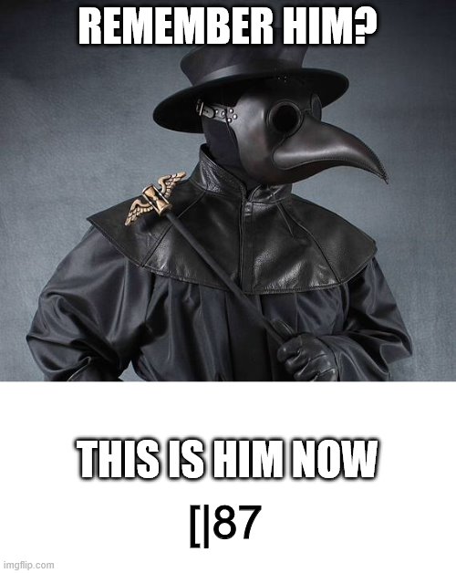 Tilt your head to the left | REMEMBER HIM? THIS IS HIM NOW; [|87 | image tagged in plague doctor,hidden,meaning | made w/ Imgflip meme maker