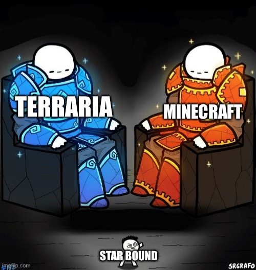 Two giants looking at a small guy | MINECRAFT; TERRARIA; STAR BOUND | image tagged in two giants looking at a small guy,gaming,minecraft,terraria | made w/ Imgflip meme maker