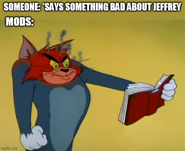 Angry Tom | SOMEONE: *SAYS SOMETHING BAD ABOUT JEFFREY; MODS: | image tagged in angry tom,imgflip mods | made w/ Imgflip meme maker