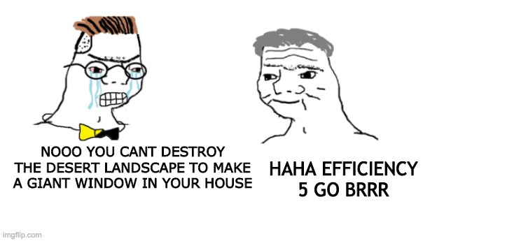 minecraft go brrr | HAHA EFFICIENCY 5 GO BRRR; NOOO YOU CANT DESTROY THE DESERT LANDSCAPE TO MAKE A GIANT WINDOW IN YOUR HOUSE | image tagged in nooo haha go brrr,minecraft,gaming | made w/ Imgflip meme maker