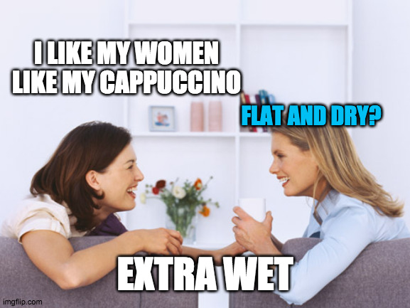 Flat White Chick | I LIKE MY WOMEN LIKE MY CAPPUCCINO; FLAT AND DRY? EXTRA WET | image tagged in women talking,lesbians,coffee,coffee addict,sluts,gossip | made w/ Imgflip meme maker