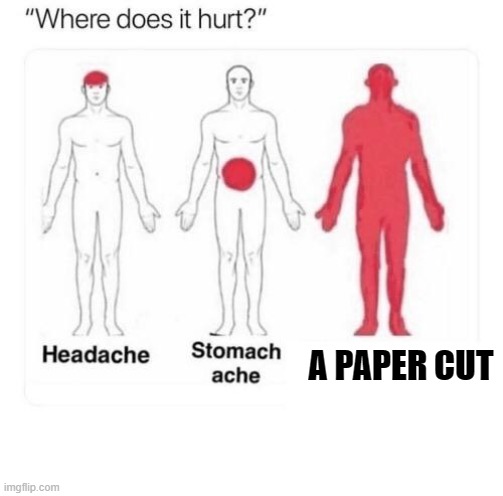 A tiny paper cut | A PAPER CUT | image tagged in where does it hurt | made w/ Imgflip meme maker