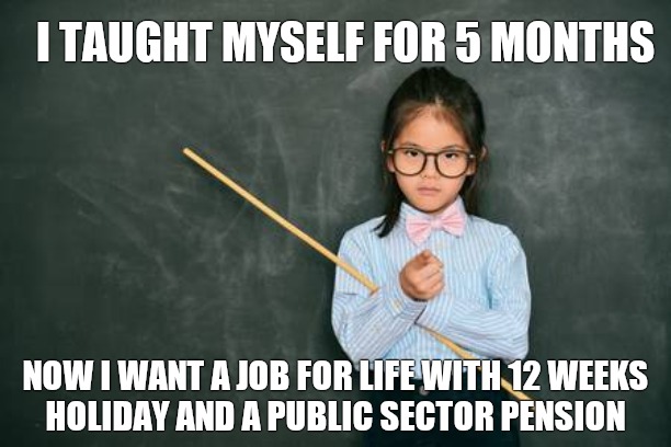 I'm a teacher now | I TAUGHT MYSELF FOR 5 MONTHS; NOW I WANT A JOB FOR LIFE WITH 12 WEEKS
 HOLIDAY AND A PUBLIC SECTOR PENSION | image tagged in lockdown,stay at home,stay home,covid 19,covid-19 | made w/ Imgflip meme maker