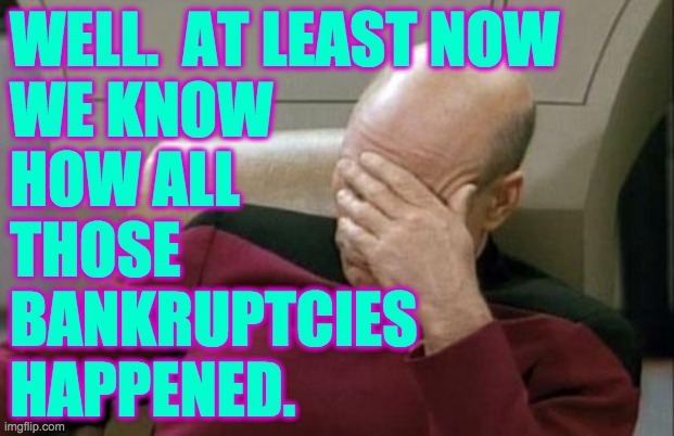 Lean times will be here for a while... | WELL.  AT LEAST NOW
WE KNOW
HOW ALL
THOSE
BANKRUPTCIES
HAPPENED. | image tagged in memes,captain picard facepalm,bankrupt trump | made w/ Imgflip meme maker