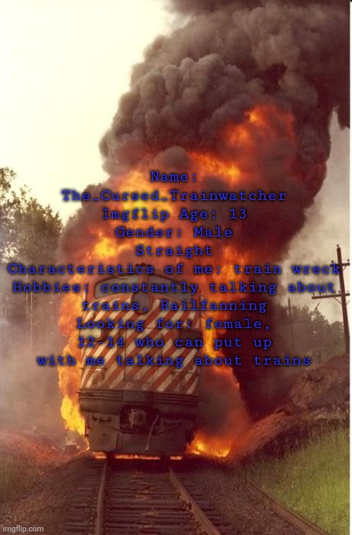 Another bio thing | Name: The_Cursed_Trainwatcher
Imgflip Age: 13
Gender: Male
Straight
Characteristics of me: train wreck
Hobbies: constantly talking about trains, Railfanning
Looking for: female, 12-14 who can put up with me talking about trains | image tagged in train fire | made w/ Imgflip meme maker