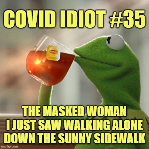 Hope she gets bacterial pneumonia | COVID IDIOT #35; THE MASKED WOMAN I JUST SAW WALKING ALONE DOWN THE SUNNY SIDEWALK | image tagged in memes,but that's none of my business,covid-19,hoax | made w/ Imgflip meme maker