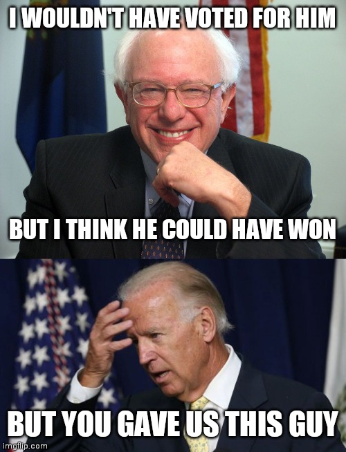 You dug your own political grave | I WOULDN'T HAVE VOTED FOR HIM; BUT I THINK HE COULD HAVE WON; BUT YOU GAVE US THIS GUY | image tagged in vote bernie sanders,joe biden worries,memes | made w/ Imgflip meme maker