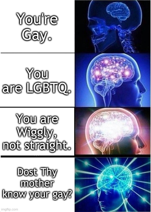 First meme I made ;-; | You're Gay. You are LGBTQ. You are Wiggly, not straight. Dost Thy mother know your gay? | image tagged in memes,expanding brain | made w/ Imgflip meme maker