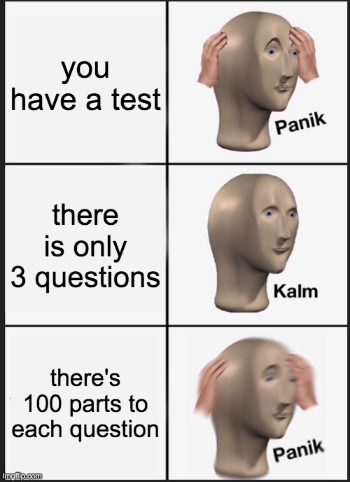 relatableish | you have a test; there is only 3 questions; there's 100 parts to each question | image tagged in memes | made w/ Imgflip meme maker