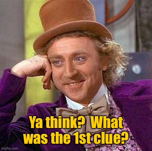 Creepy Condescending Wonka Meme | Ya think?  What was the 1st clue? | image tagged in memes,creepy condescending wonka | made w/ Imgflip meme maker