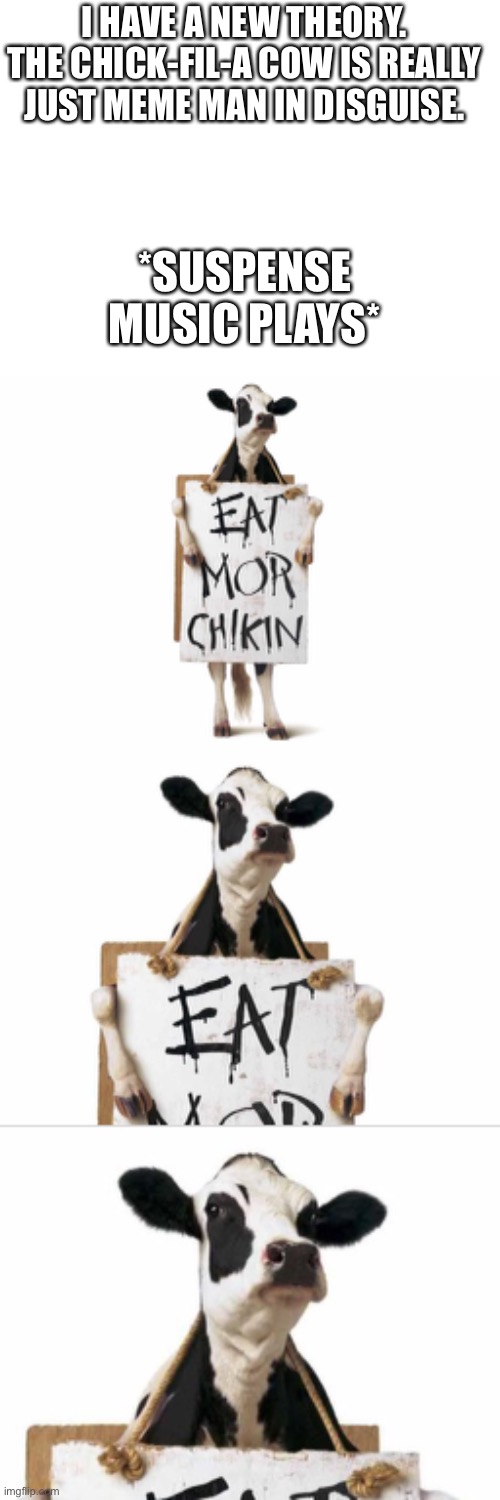 Chick-fil-a cow=meme man | *SUSPENSE MUSIC PLAYS*; I HAVE A NEW THEORY. THE CHICK-FIL-A COW IS REALLY JUST MEME MAN IN DISGUISE. | image tagged in blank white template | made w/ Imgflip meme maker