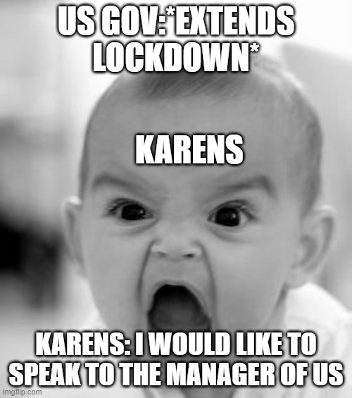 Angry Baby Meme | US GOV:*EXTENDS LOCKDOWN*; KARENS; KARENS: I WOULD LIKE TO SPEAK TO THE MANAGER OF US | image tagged in memes,angry baby | made w/ Imgflip meme maker