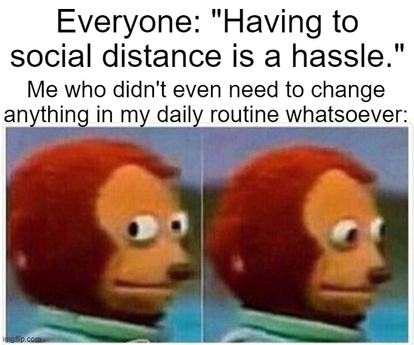 Monkey Puppet Meme | Everyone: "Having to social distance is a hassle."; Me who didn't even need to change anything in my daily routine whatsoever: | image tagged in memes,monkey puppet,covid-19,social distancing | made w/ Imgflip meme maker