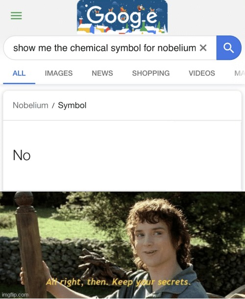 The Chemical Symbol Of Nobelium | image tagged in all right then keep your secrets,memes | made w/ Imgflip meme maker