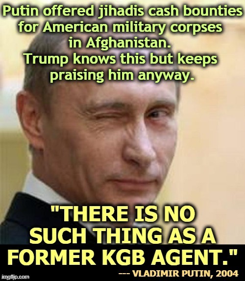 Putin paid the Taliban "Cash for Corpses." Trump was briefed about it in March and has never protested. This is Trump's friend. | Putin offered jihadis cash bounties
for American military corpses 
in Afghanistan. 
Trump knows this but keeps 
praising him anyway. | image tagged in putin,enemy,afghanistan,dead,americans,trump | made w/ Imgflip meme maker
