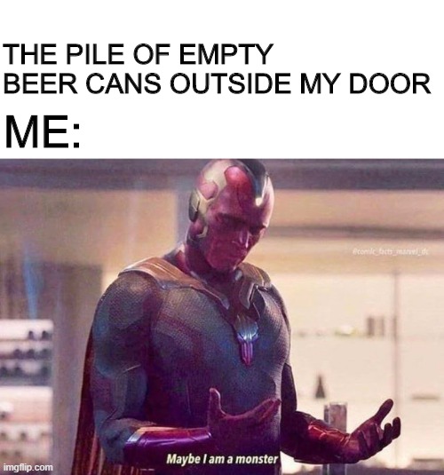 One Too Many There Vision | THE PILE OF EMPTY BEER CANS OUTSIDE MY DOOR; ME: | image tagged in vision | made w/ Imgflip meme maker