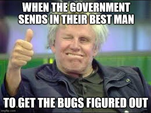 Gary Busey approves | WHEN THE GOVERNMENT SENDS IN THEIR BEST MAN; TO GET THE BUGS FIGURED OUT | image tagged in gary busey approves,politics,government | made w/ Imgflip meme maker