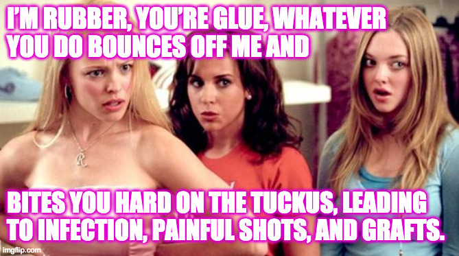 mean girls shocked | I’M RUBBER, YOU’RE GLUE, WHATEVER
YOU DO BOUNCES OFF ME AND BITES YOU HARD ON THE TUCKUS, LEADING
TO INFECTION, PAINFUL SHOTS, AND GRAFTS. | image tagged in mean girls shocked | made w/ Imgflip meme maker