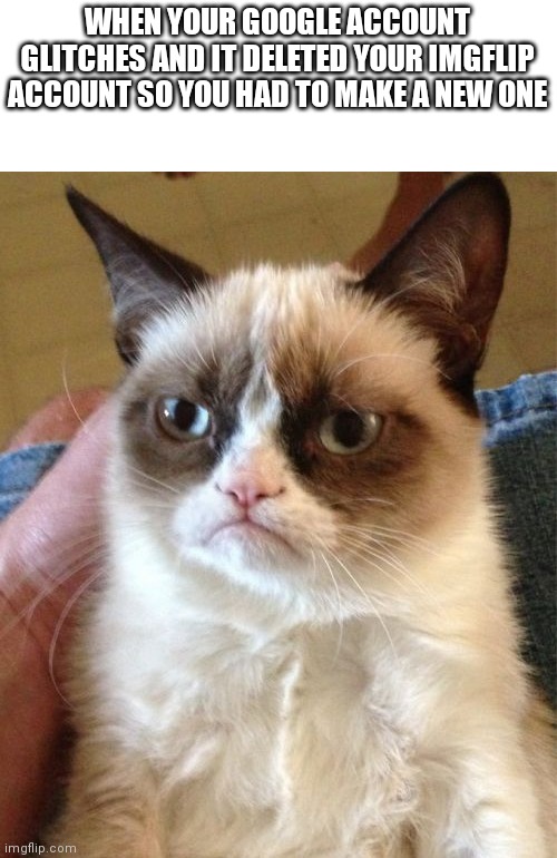 I had just reached five followers on my old one ;-; | WHEN YOUR GOOGLE ACCOUNT GLITCHES AND IT DELETED YOUR IMGFLIP ACCOUNT SO YOU HAD TO MAKE A NEW ONE | image tagged in memes,grumpy cat,anger | made w/ Imgflip meme maker