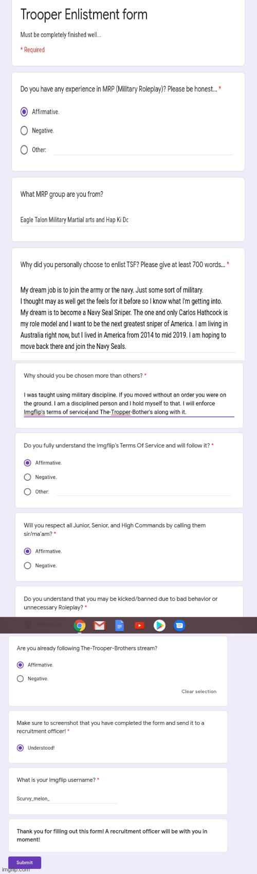 Trooper enlistment form: Scurvy_melon_: Report for T05 | image tagged in memes | made w/ Imgflip meme maker