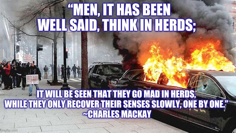 Herd Mentality | “MEN, IT HAS BEEN WELL SAID, THINK IN HERDS;; IT WILL BE SEEN THAT THEY GO MAD IN HERDS, 
WHILE THEY ONLY RECOVER THEIR SENSES SLOWLY, ONE BY ONE.” 
~CHARLES MACKAY | image tagged in charles mackay,herd mentality,riots | made w/ Imgflip meme maker