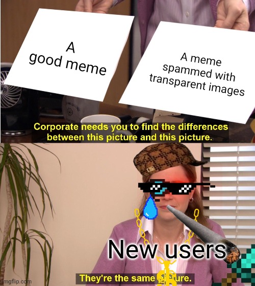 They're The Same Picture Meme | A good meme; A meme spammed with transparent images; New users | image tagged in memes,they're the same picture | made w/ Imgflip meme maker