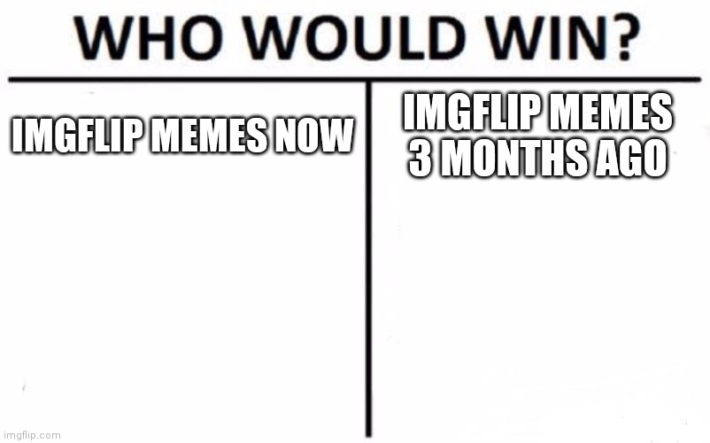 I bet left | IMGFLIP MEMES NOW; IMGFLIP MEMES 3 MONTHS AGO | image tagged in memes,who would win | made w/ Imgflip meme maker