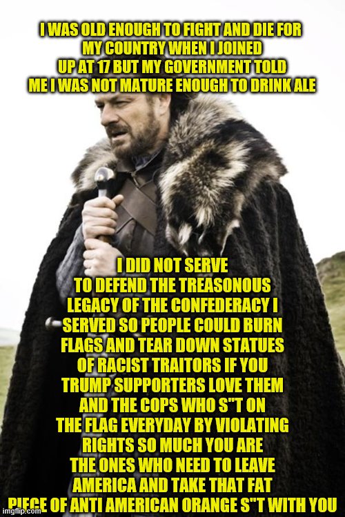 Ned Stark | I WAS OLD ENOUGH TO FIGHT AND DIE FOR 
MY COUNTRY WHEN I JOINED UP AT 17 BUT MY GOVERNMENT TOLD ME I WAS NOT MATURE ENOUGH TO DRINK ALE; I DID NOT SERVE TO DEFEND THE TREASONOUS LEGACY OF THE CONFEDERACY I SERVED SO PEOPLE COULD BURN FLAGS AND TEAR DOWN STATUES OF RACIST TRAITORS IF YOU TRUMP SUPPORTERS LOVE THEM AND THE COPS WHO S''T ON THE FLAG EVERYDAY BY VIOLATING RIGHTS SO MUCH YOU ARE THE ONES WHO NEED TO LEAVE AMERICA AND TAKE THAT FAT PIECE OF ANTI AMERICAN ORANGE S''T WITH YOU | image tagged in ned stark | made w/ Imgflip meme maker