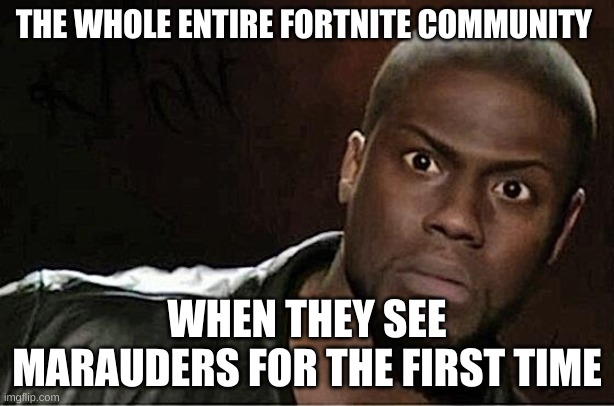 Kevin Hart | THE WHOLE ENTIRE FORTNITE COMMUNITY; WHEN THEY SEE MARAUDERS FOR THE FIRST TIME | image tagged in memes,kevin hart | made w/ Imgflip meme maker