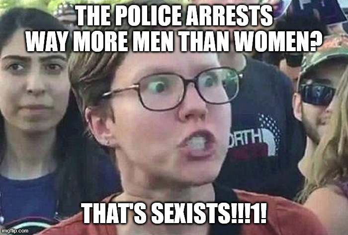 Bet you won't catch the left complaining about this | THE POLICE ARRESTS WAY MORE MEN THAN WOMEN? THAT'S SEXISTS!!!1! | image tagged in triggered liberal,riots | made w/ Imgflip meme maker
