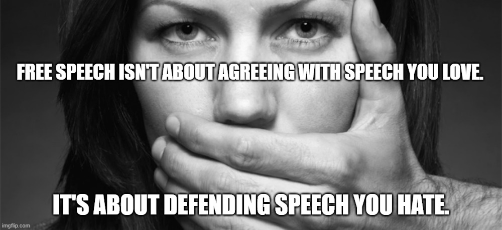 Because Hate Speech Isn't A Thing | FREE SPEECH ISN'T ABOUT AGREEING WITH SPEECH YOU LOVE. IT'S ABOUT DEFENDING SPEECH YOU HATE. | image tagged in silenced,defend,offensive,speech | made w/ Imgflip meme maker