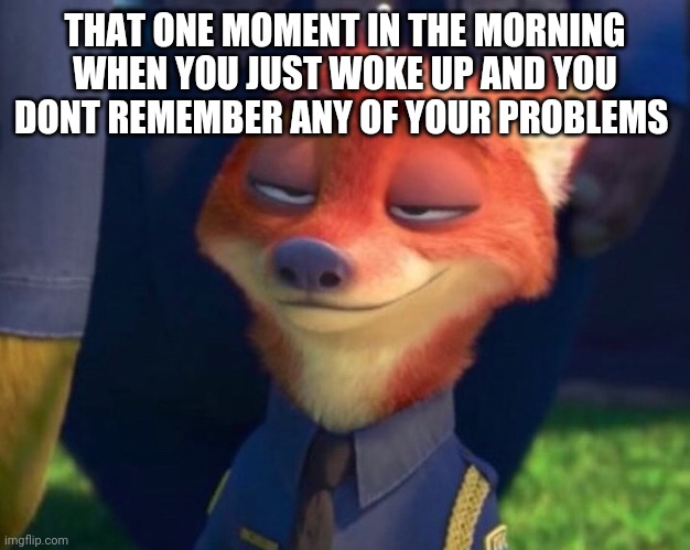 Nick Wilde Bliss | THAT ONE MOMENT IN THE MORNING WHEN YOU JUST WOKE UP AND YOU DONT REMEMBER ANY OF YOUR PROBLEMS | image tagged in nick wilde bliss | made w/ Imgflip meme maker