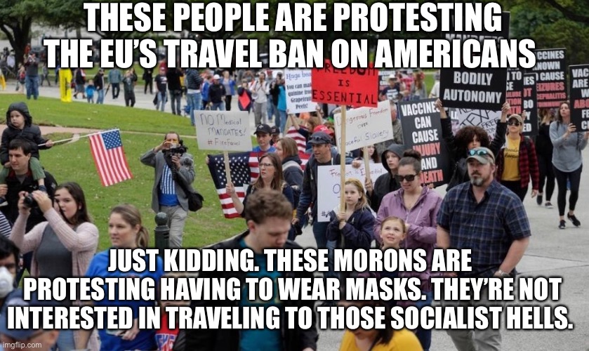 In the meantime, “conservatives” have turned this great country into a coronavirus-infested third world shithole. | THESE PEOPLE ARE PROTESTING THE EU’S TRAVEL BAN ON AMERICANS; JUST KIDDING. THESE MORONS ARE  PROTESTING HAVING TO WEAR MASKS. THEY’RE NOT INTERESTED IN TRAVELING TO THOSE SOCIALIST HELLS. | image tagged in coronavirus,protesters,conservatives | made w/ Imgflip meme maker