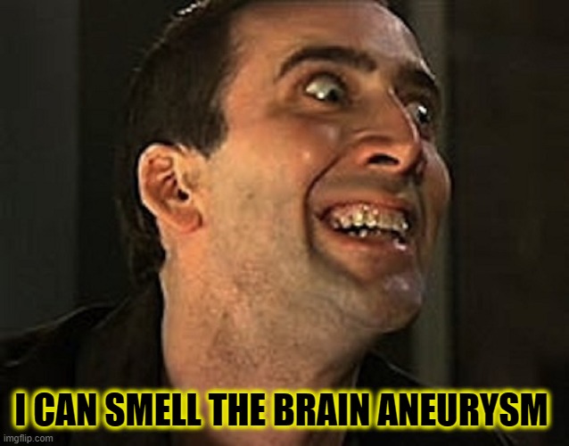 creepy cage | I CAN SMELL THE BRAIN ANEURYSM | image tagged in creepy cage | made w/ Imgflip meme maker