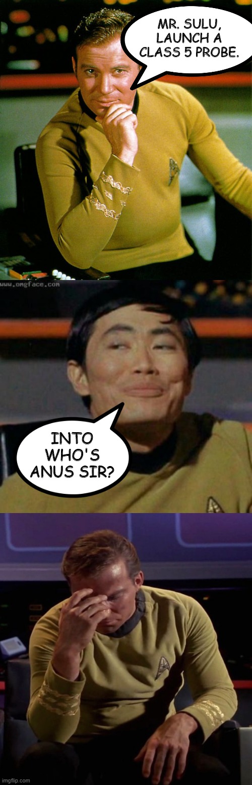 Not That Kinda Probe... | MR. SULU, LAUNCH A CLASS 5 PROBE. INTO WHO'S ANUS SIR? | image tagged in captain kirk,star trek captain kirk regrets,sulu | made w/ Imgflip meme maker