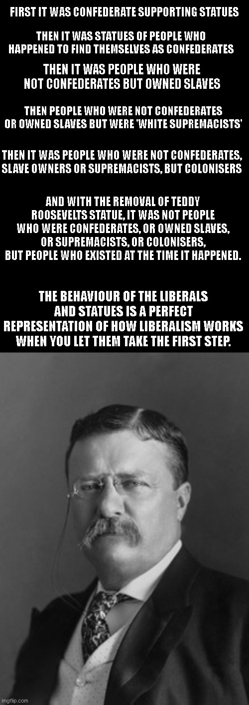 Teddy Roosevelt | FIRST IT WAS CONFEDERATE SUPPORTING STATUES; THEN IT WAS STATUES OF PEOPLE WHO HAPPENED TO FIND THEMSELVES AS CONFEDERATES; THEN IT WAS PEOPLE WHO WERE NOT CONFEDERATES BUT OWNED SLAVES; THEN PEOPLE WHO WERE NOT CONFEDERATES OR OWNED SLAVES BUT WERE 'WHITE SUPREMACISTS'; THEN IT WAS PEOPLE WHO WERE NOT CONFEDERATES, SLAVE OWNERS OR SUPREMACISTS, BUT COLONISERS; AND WITH THE REMOVAL OF TEDDY ROOSEVELTS STATUE, IT WAS NOT PEOPLE WHO WERE CONFEDERATES, OR OWNED SLAVES, OR SUPREMACISTS, OR COLONISERS, BUT PEOPLE WHO EXISTED AT THE TIME IT HAPPENED. THE BEHAVIOUR OF THE LIBERALS AND STATUES IS A PERFECT REPRESENTATION OF HOW LIBERALISM WORKS WHEN YOU LET THEM TAKE THE FIRST STEP. | image tagged in liberals,college,blm,republican,trump,democrat | made w/ Imgflip meme maker