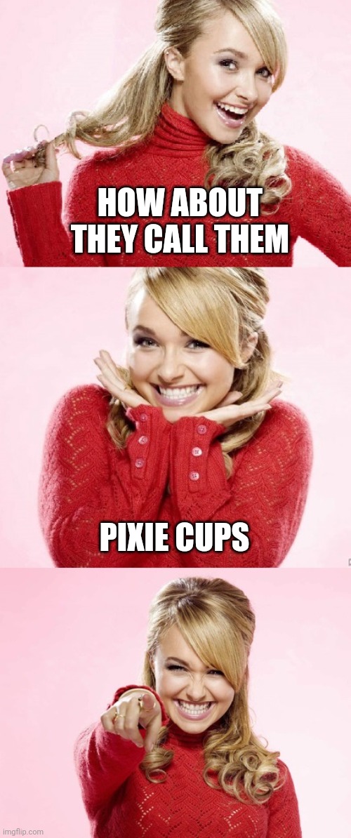 Hayden Red Pun | HOW ABOUT THEY CALL THEM PIXIE CUPS | image tagged in hayden red pun | made w/ Imgflip meme maker