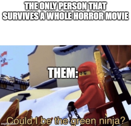 Could I Be The Green Ninja? | THE ONLY PERSON THAT SURVIVES A WHOLE HORROR MOVIE; THEM: | image tagged in could i be the green ninja | made w/ Imgflip meme maker