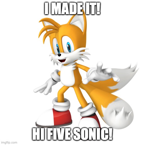 I MADE IT! HI FIVE SONIC! | image tagged in tails,sonic | made w/ Imgflip meme maker