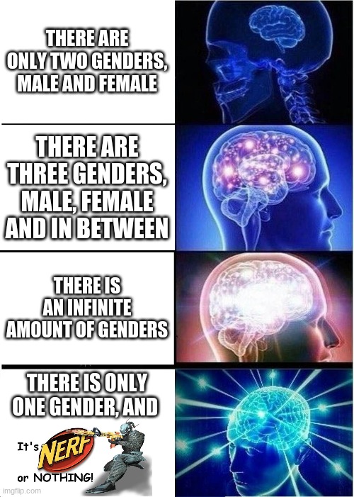 IT'S NERF OR NOTHING!!! | THERE ARE ONLY TWO GENDERS, MALE AND FEMALE; THERE ARE THREE GENDERS, MALE, FEMALE AND IN BETWEEN; THERE IS AN INFINITE AMOUNT OF GENDERS; THERE IS ONLY ONE GENDER, AND | image tagged in memes,expanding brain,gender identity,nerf | made w/ Imgflip meme maker