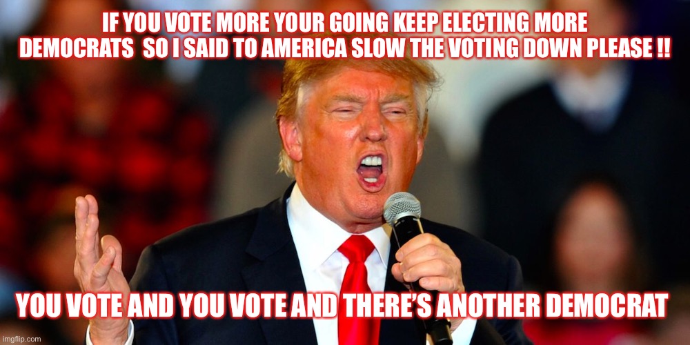 Donald Trump Orange | IF YOU VOTE MORE YOUR GOING KEEP ELECTING MORE DEMOCRATS  SO I SAID TO AMERICA SLOW THE VOTING DOWN PLEASE !! YOU VOTE AND YOU VOTE AND THERE’S ANOTHER DEMOCRAT | image tagged in donald trump orange | made w/ Imgflip meme maker