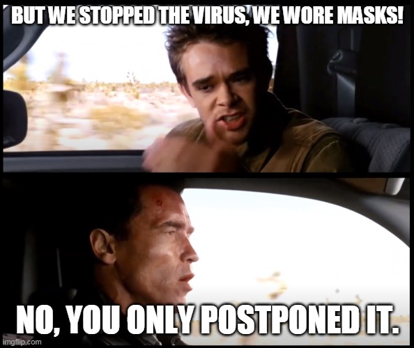 Virus masks terminator | BUT WE STOPPED THE VIRUS, WE WORE MASKS! NO, YOU ONLY POSTPONED IT. | image tagged in terminator 3 we stopped judgment day,virus,masks,covid-19 | made w/ Imgflip meme maker